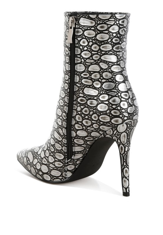 Moolah Embossed Stiletto Heel Ankle Boots - Eye Candy Sensation Apparel & Accessories
