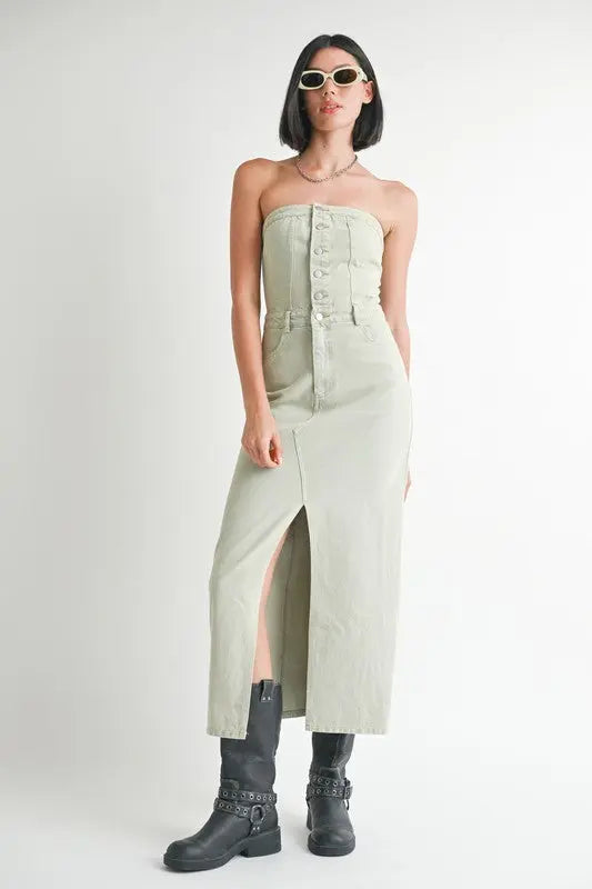 BUTTON UP TUBE DENIM DRESS WITH SLIT Emory Park
