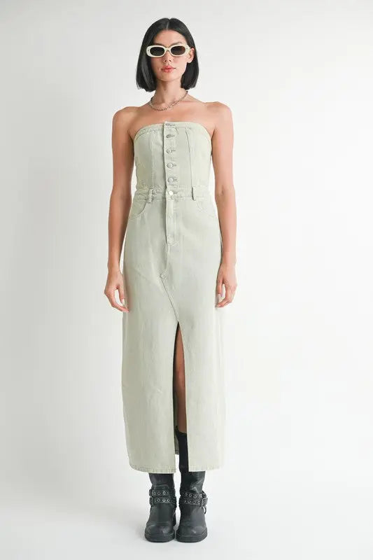 BUTTON UP TUBE DENIM DRESS WITH SLIT Emory Park