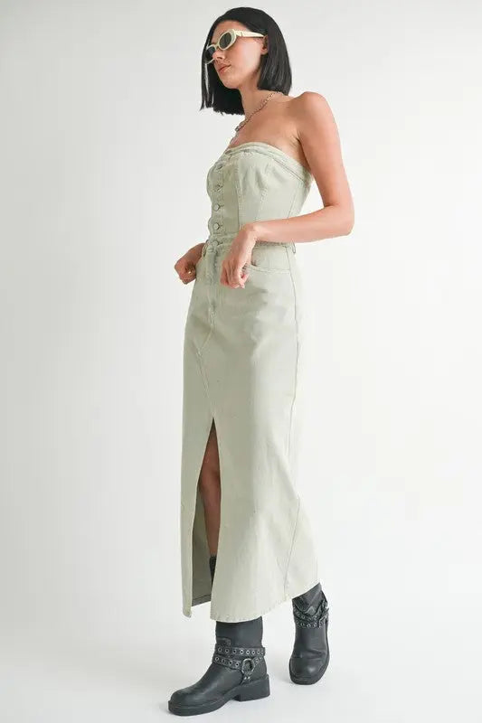 BUTTON UP TUBE DENIM DRESS WITH SLIT Emory Park