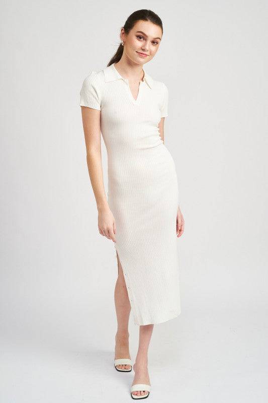 COLLARED LONG SLEEVE MIDI DRESS Eye Candy Sensation