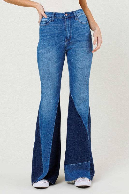 COLOR BLOCK SIDE SLIT FLARE JEANS Eye Candy Sensation