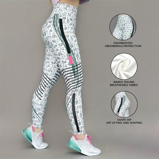 High-Elastic Printed Yoga Leggings โ High Waist Tummy Control Fitness Pants