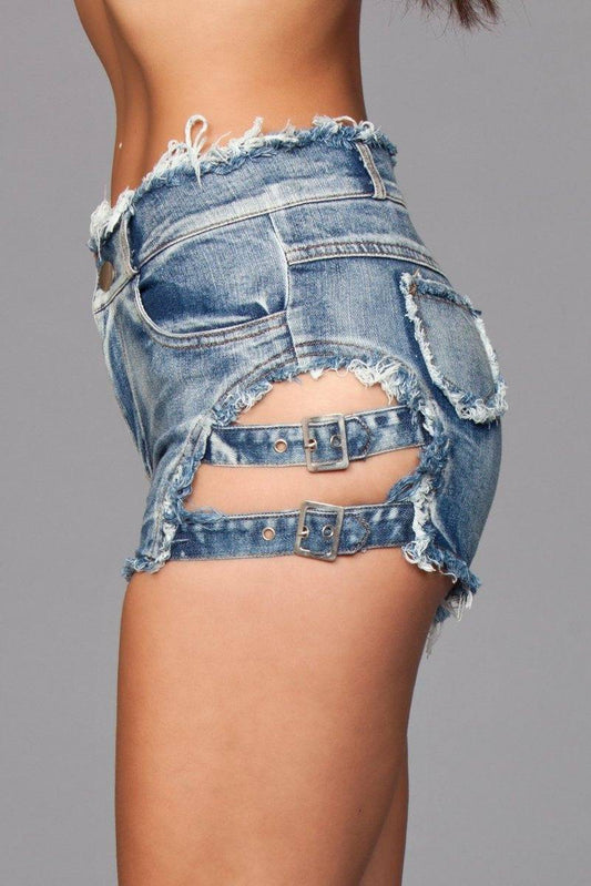 J10BL Buckled Down Denim Shorts - Medium Wash Eye Candy Sensation