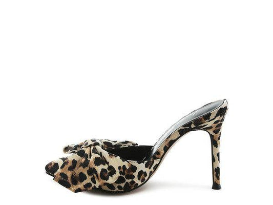 Joelle High Heel Bow Tie Leopard Print Mules Eye Candy Sensation