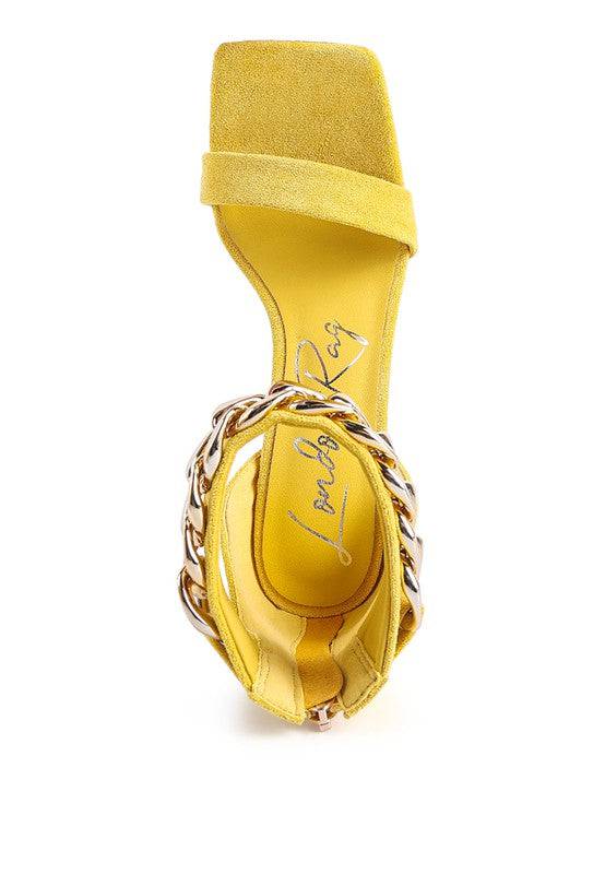 LAST SIP HEELED FAUX SUEDE CHAIN STRAP SANDAL Eye Candy Sensation