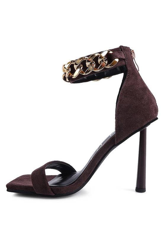 LAST SIP HEELED FAUX SUEDE CHAIN STRAP SANDAL Eye Candy Sensation