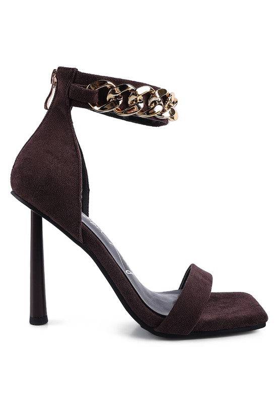 LAST SIP HEELED FAUX SUEDE CHAIN STRAP SANDAL Eye Candy Sensation