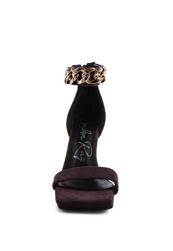 LAST SIP HEELED FAUX SUEDE CHAIN STRAP SANDAL Eye Candy Sensation