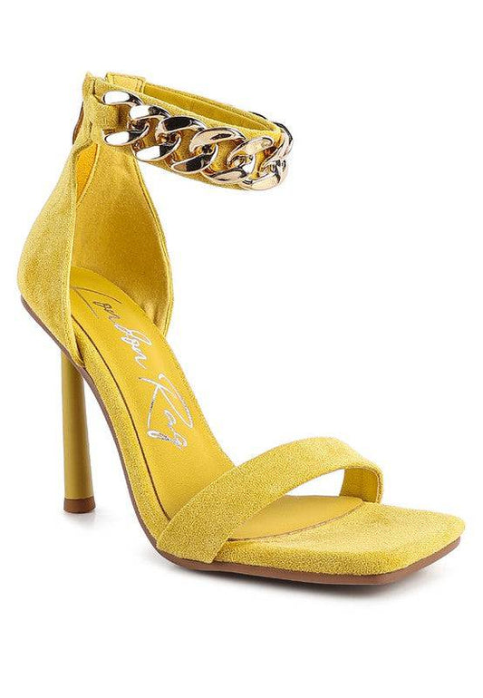 LAST SIP HEELED FAUX SUEDE CHAIN STRAP SANDAL Eye Candy Sensation
