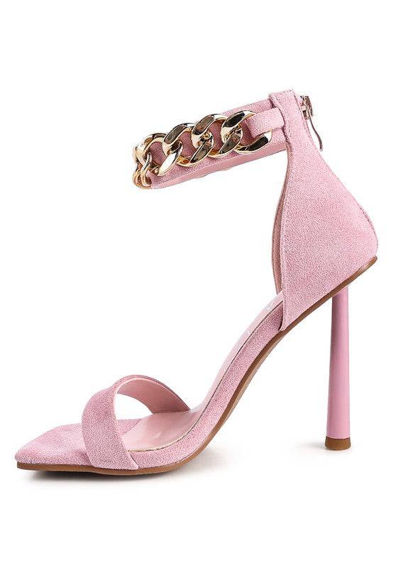 LAST SIP HEELED FAUX SUEDE CHAIN STRAP SANDAL Eye Candy Sensation