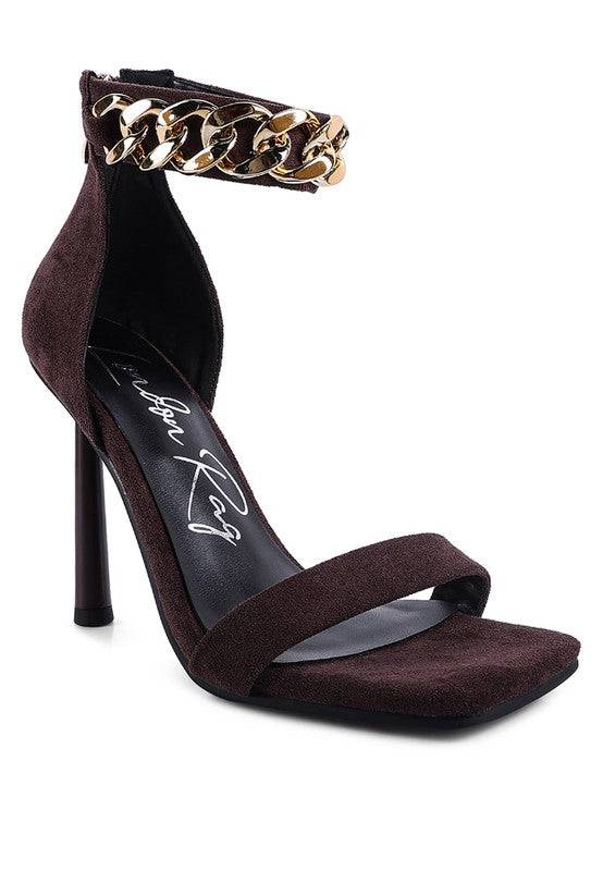 LAST SIP HEELED FAUX SUEDE CHAIN STRAP SANDAL Eye Candy Sensation