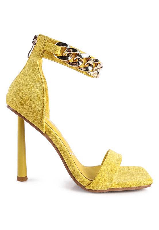 LAST SIP HEELED FAUX SUEDE CHAIN STRAP SANDAL Eye Candy Sensation