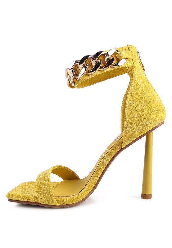 LAST SIP HEELED FAUX SUEDE CHAIN STRAP SANDAL Eye Candy Sensation