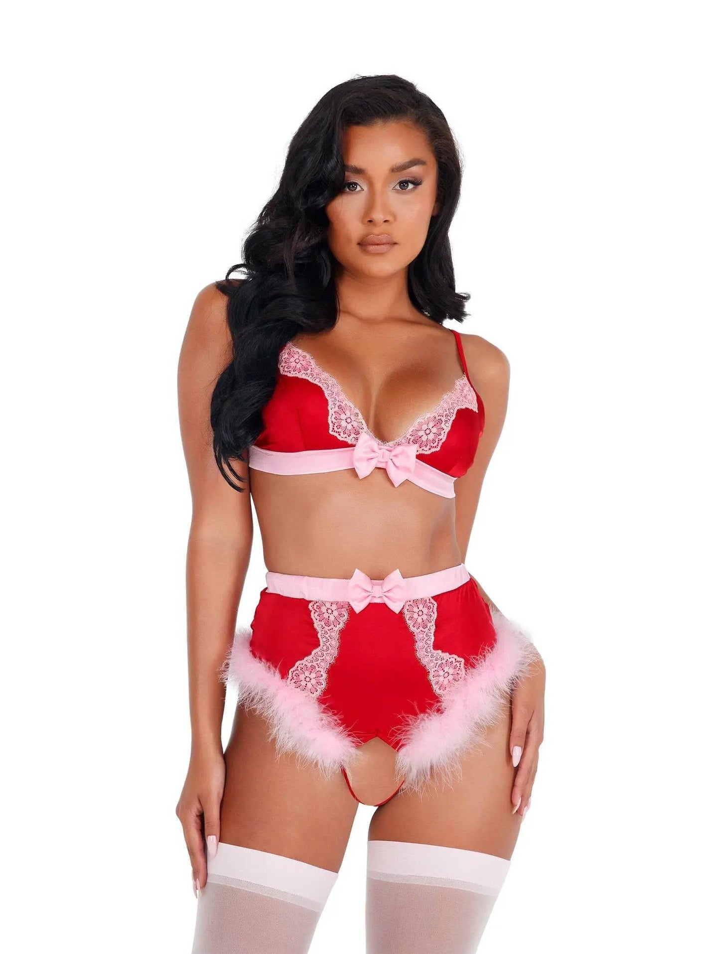 LI424 - 2pc Lace & Satin Marabou Bra Set Eye Candy Sensation