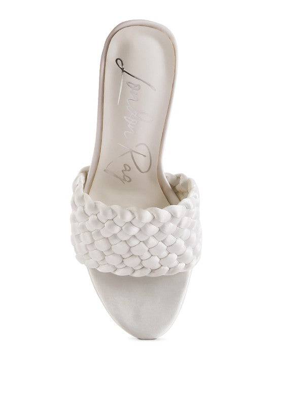 LUST LOOK BRAIDED SATIN BLOCK SANDALS Eye Candy Sensation