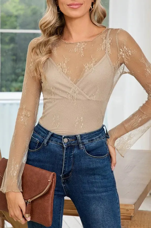 Mesh Crochet Patchwork Slim Fit Long Sleeve Blouse SHEWIN INC.