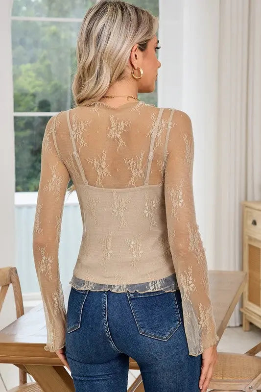 Mesh Crochet Patchwork Slim Fit Long Sleeve Blouse SHEWIN INC.