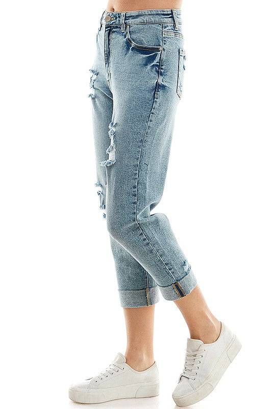ROOL-UP DISTRESSED  HIGH RISE STRETCH MOM JEANS Eye Candy Sensation