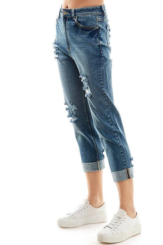 ROOL-UP DISTRESSED  HIGH RISE STRETCH MOM JEANS Eye Candy Sensation