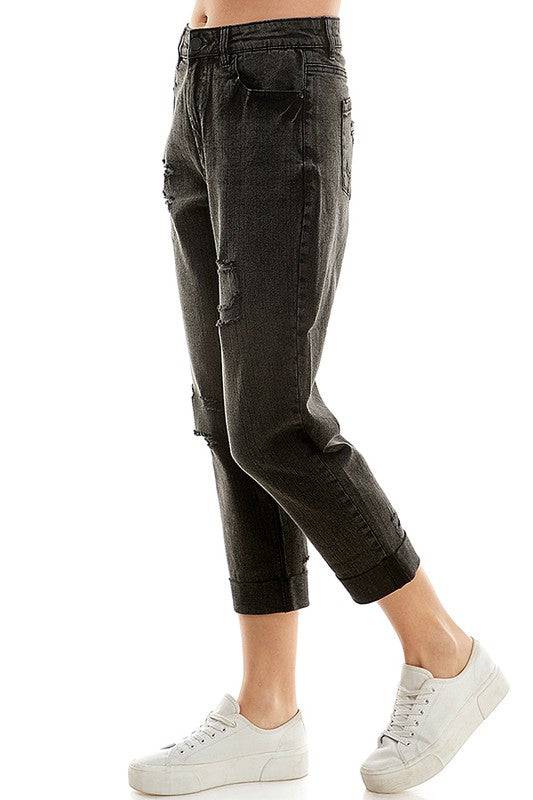 ROOL-UP DISTRESSED  HIGH RISE STRETCH MOM JEANS Eye Candy Sensation