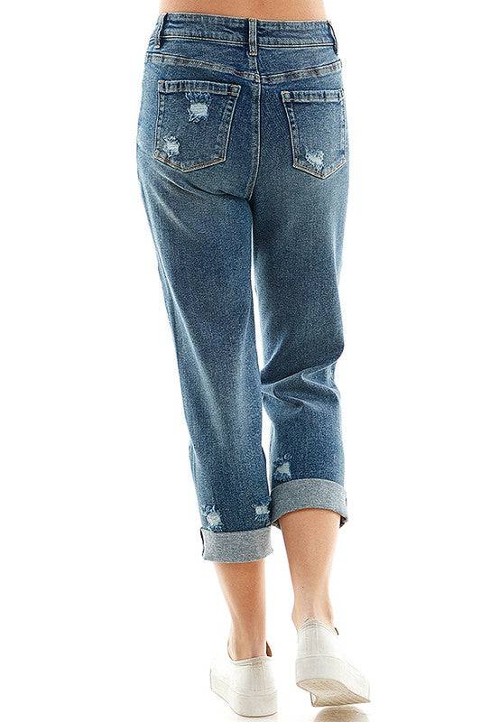 ROOL-UP DISTRESSED  HIGH RISE STRETCH MOM JEANS Eye Candy Sensation