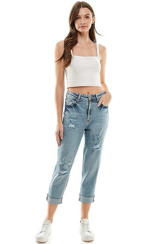 ROOL-UP DISTRESSED  HIGH RISE STRETCH MOM JEANS Eye Candy Sensation