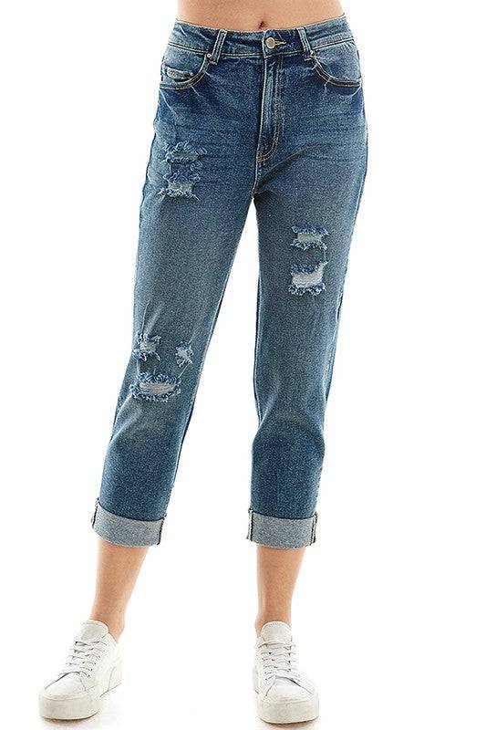 ROOL-UP DISTRESSED  HIGH RISE STRETCH MOM JEANS Eye Candy Sensation