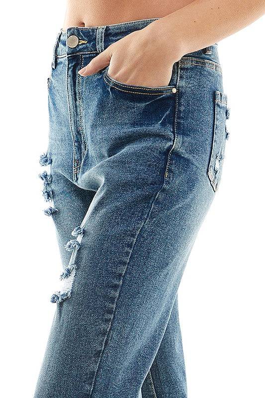 ROOL-UP DISTRESSED  HIGH RISE STRETCH MOM JEANS Eye Candy Sensation