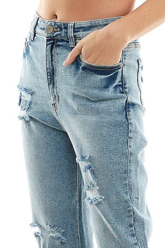 ROOL-UP DISTRESSED  HIGH RISE STRETCH MOM JEANS Eye Candy Sensation