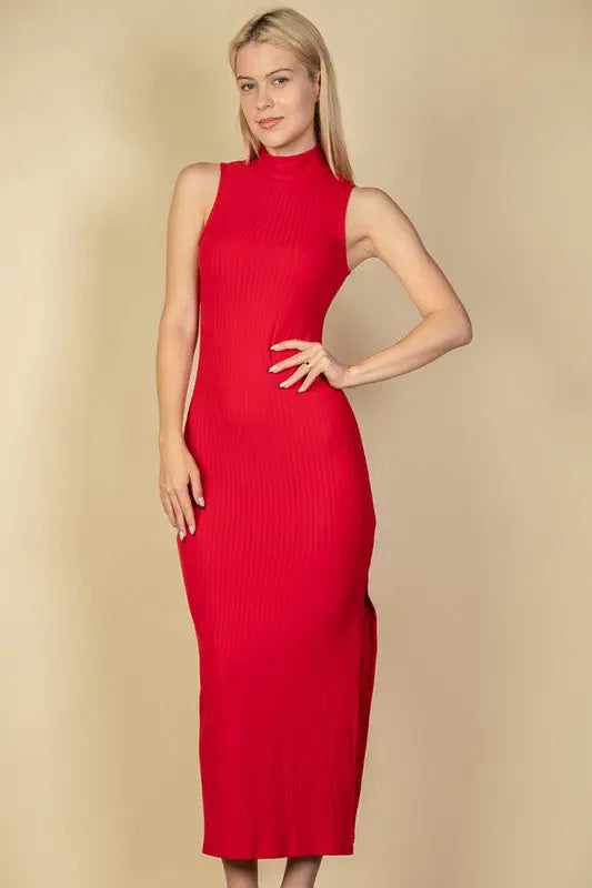 Ribbed Mock Neck Slit Bodycon Dress Capella