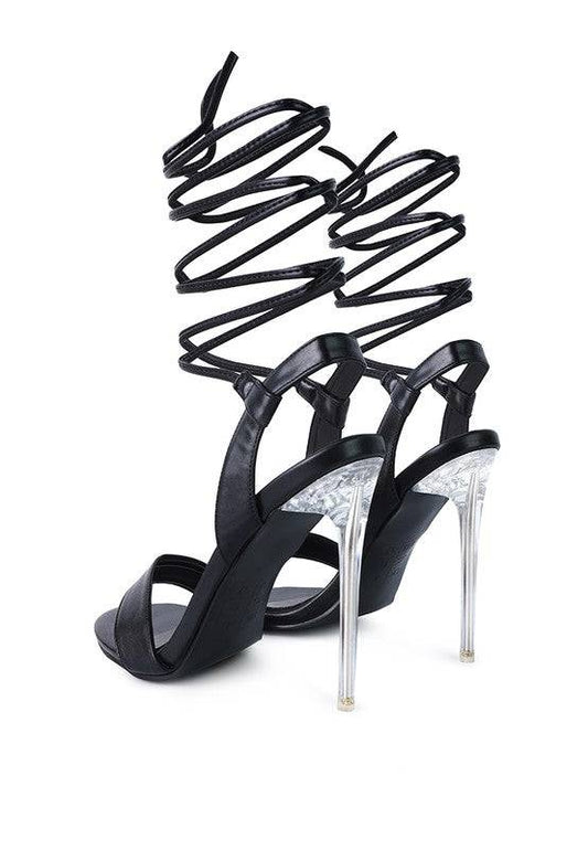 SHEENY CLEAR STILETTO LACE UP SANDAL Eye Candy Sensation