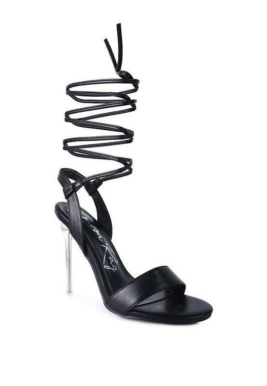 SHEENY CLEAR STILETTO LACE UP SANDAL Eye Candy Sensation