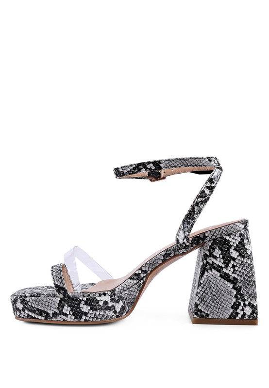 SUCH FLIRT SNAKE PATTERN BLOCK HEELED SANDALS Eye Candy Sensation