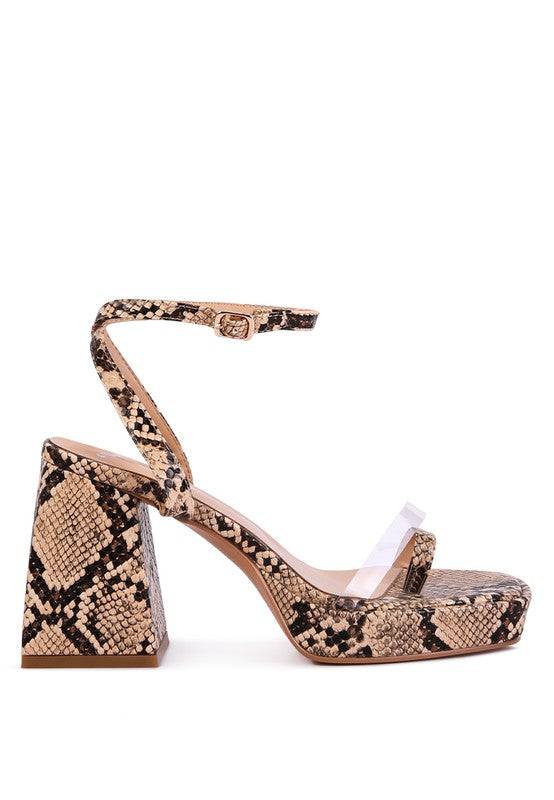 SUCH FLIRT SNAKE PATTERN BLOCK HEELED SANDALS Eye Candy Sensation