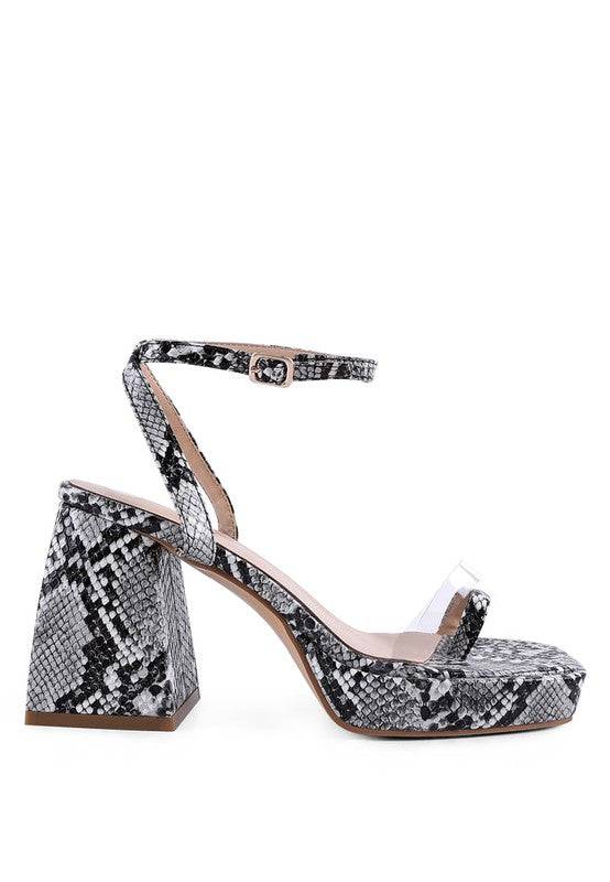 SUCH FLIRT SNAKE PATTERN BLOCK HEELED SANDALS Eye Candy Sensation