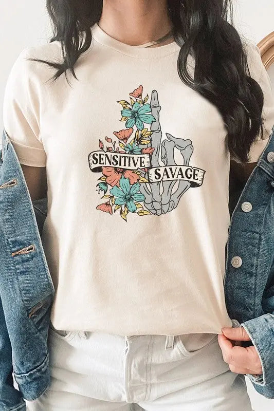 Sensitive Savage Floral Skeleton Hand Graphic Tee Kissed Apparel