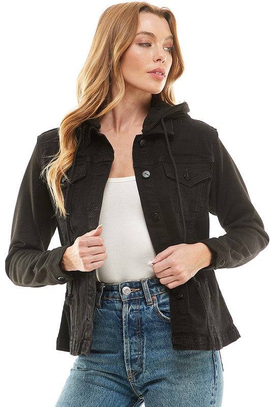 Spendex Ladies Denim Jacket with  Fleece Hoodie Eye Candy Sensation