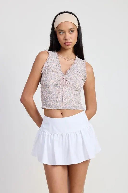 V NECK SLEEVELESSS RUCHED FLORAL TOP Emory Park
