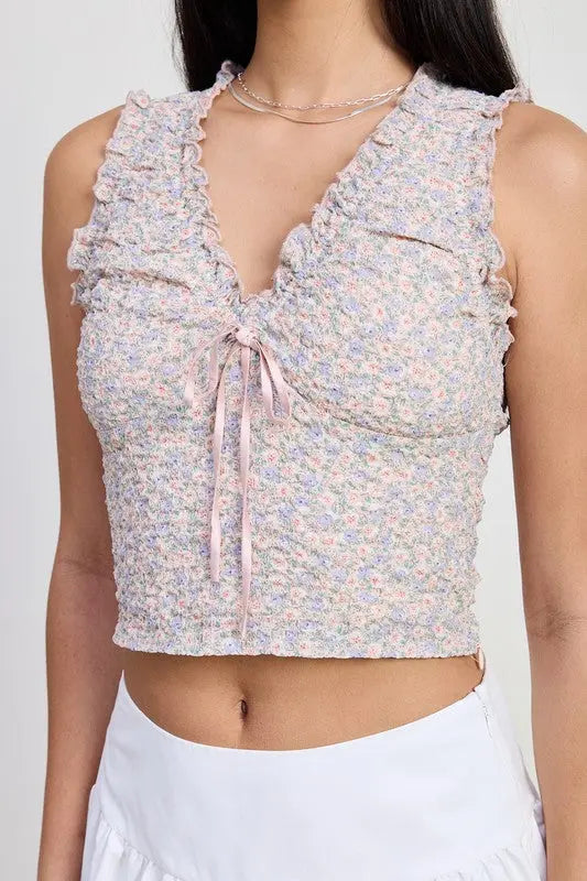 V NECK SLEEVELESSS RUCHED FLORAL TOP Emory Park