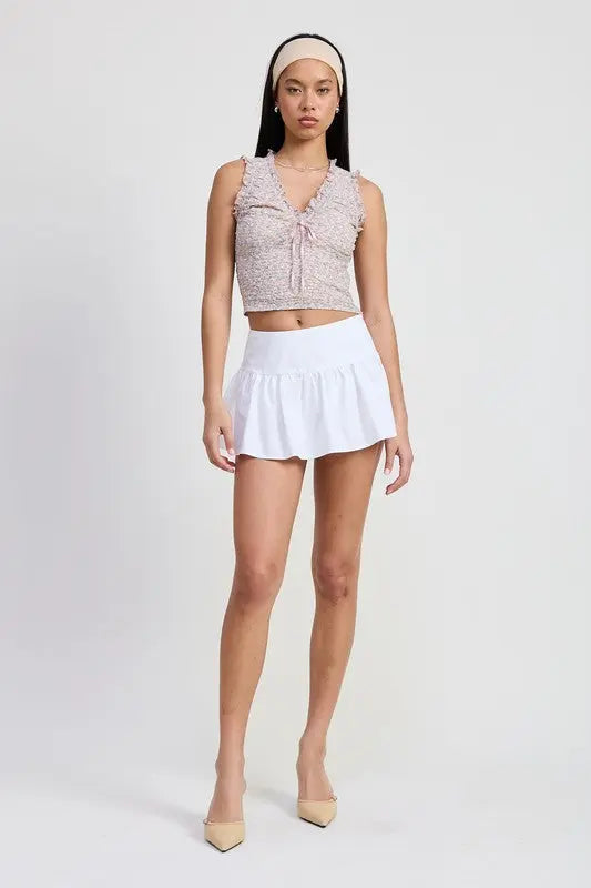 V NECK SLEEVELESSS RUCHED FLORAL TOP Emory Park