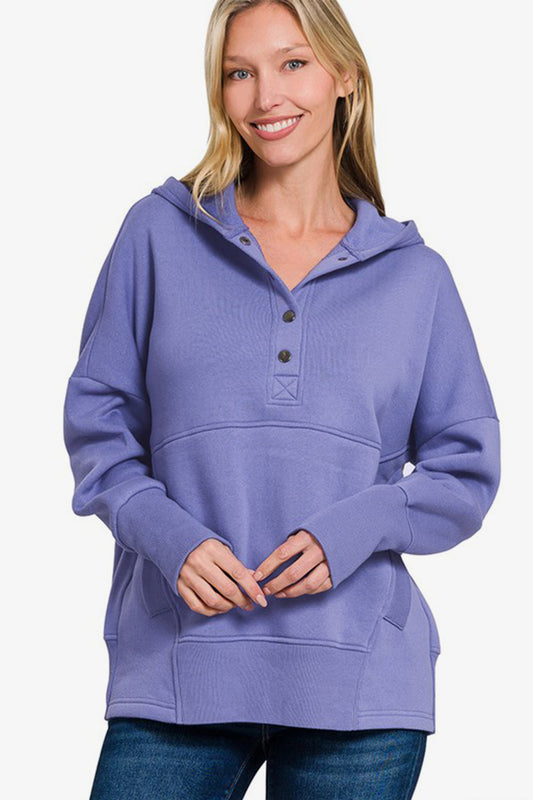 Zenana Half Snap Long Sleeve Hoodie with Kangaroo Pocket Trendsi