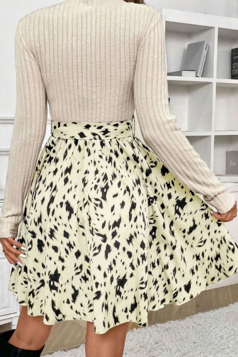 Printed Tie Waist Mock Neck Long Sleeve Dress Trendsi
