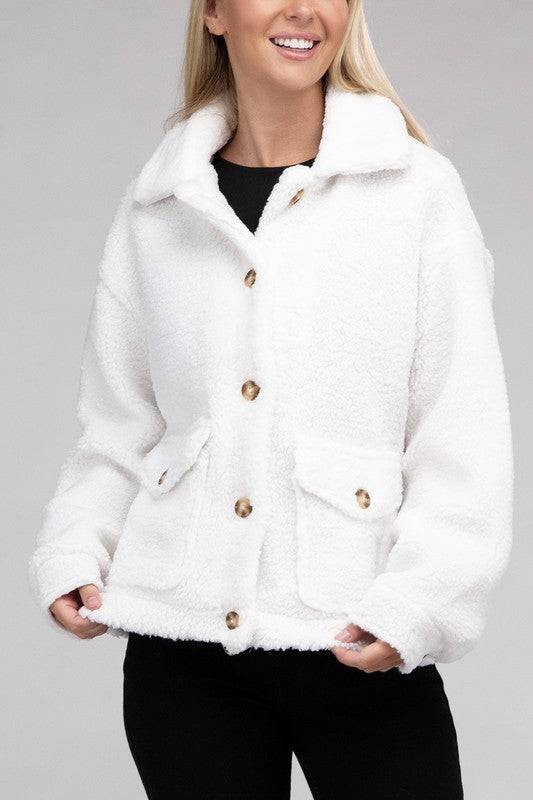 Cozy Sherpa Button-Front Jacket Ambiance Apparel