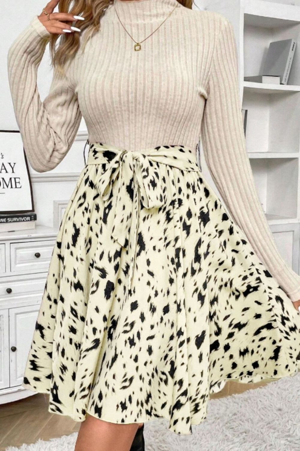 Printed Tie Waist Mock Neck Long Sleeve Dress Trendsi