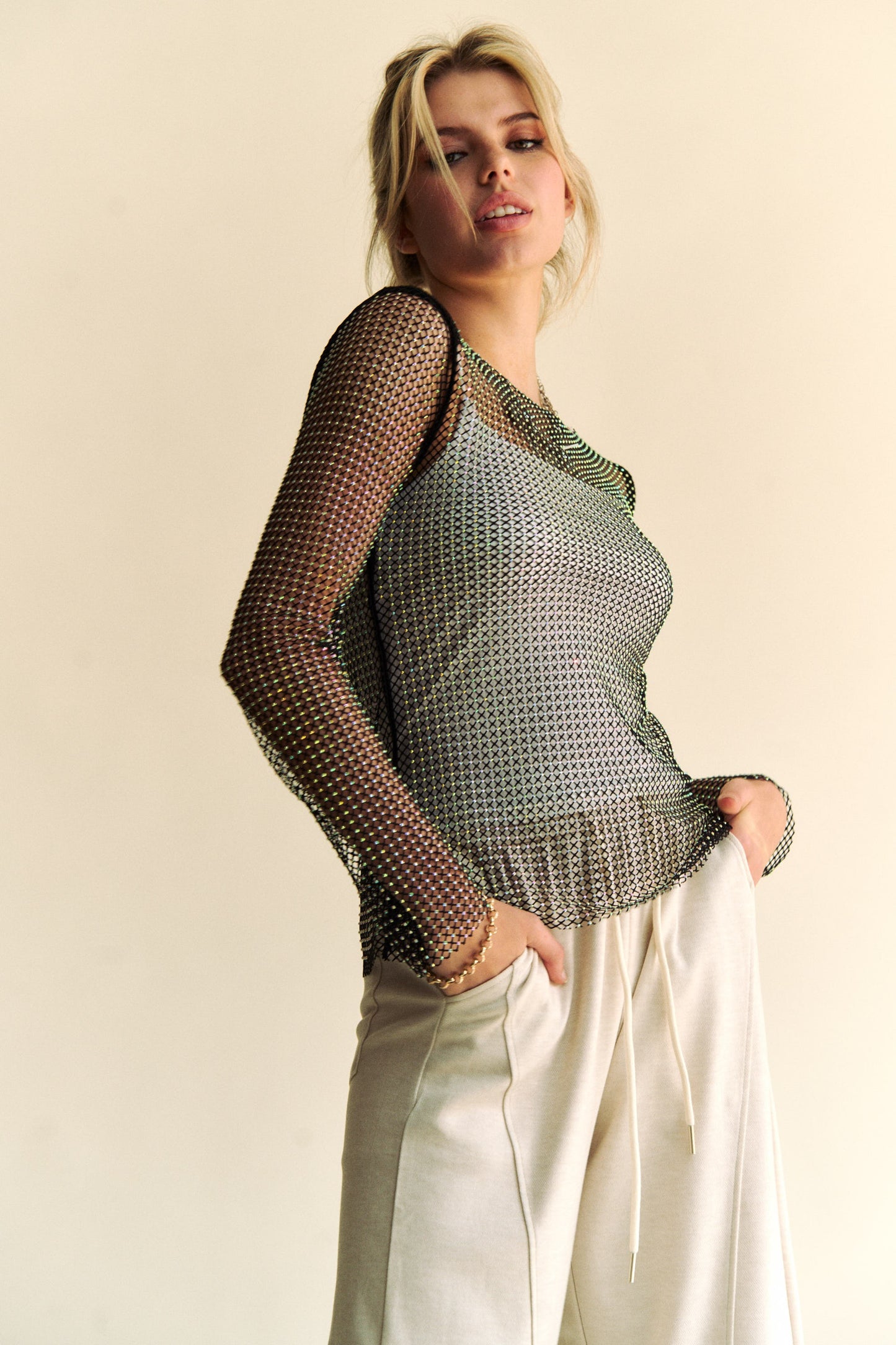 Davi & Dani Sparkling Rhinestone Sheer Mesh Round Neck Top - Eye Candy Sensation Apparel & Accessories