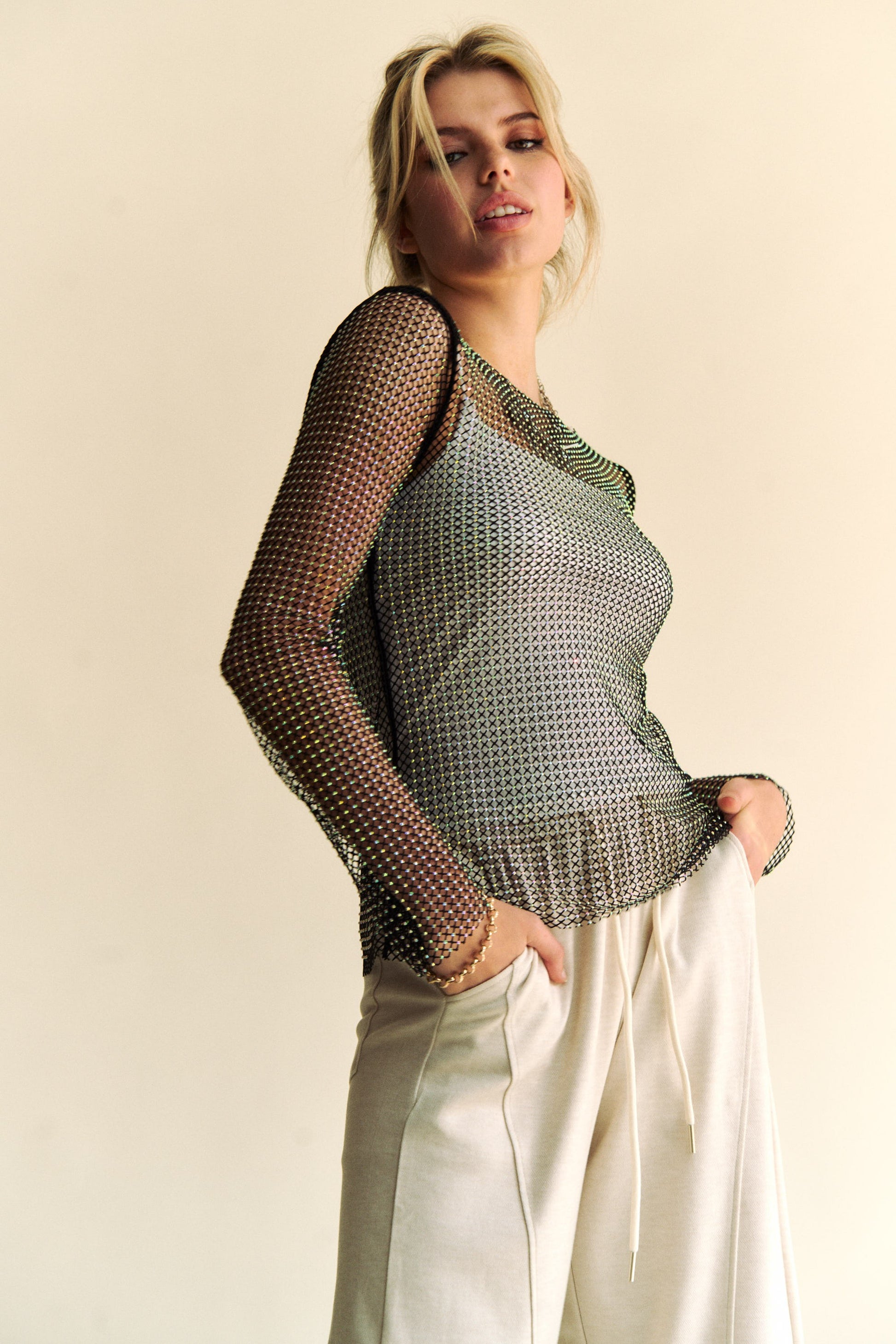 Davi & Dani Sparkling Rhinestone Sheer Mesh Round Neck Top - Eye Candy Sensation Apparel & Accessories