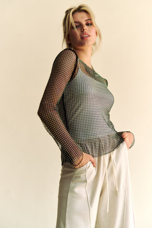 Davi & Dani Sparkling Rhinestone Sheer Mesh Round Neck Top - Eye Candy Sensation Apparel & Accessories