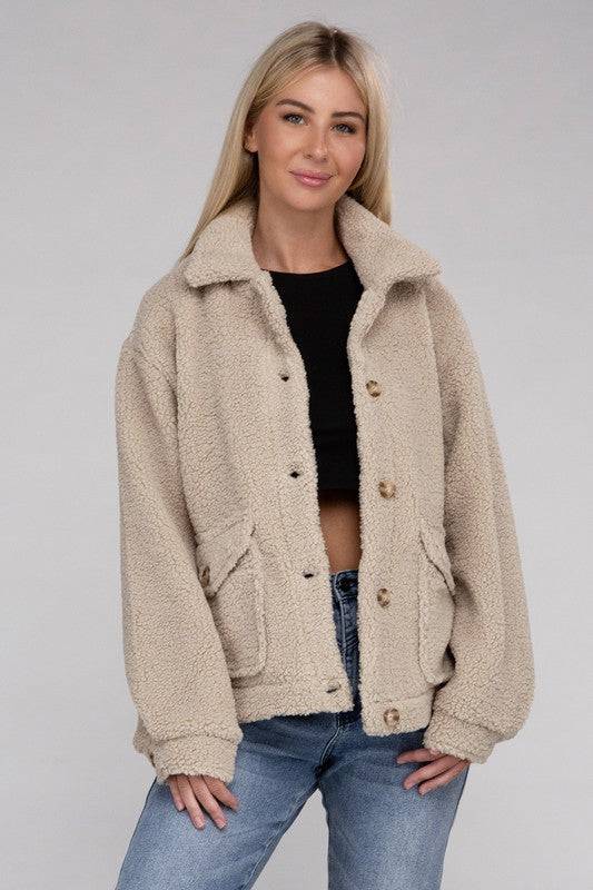 Cozy Sherpa Button-Front Jacket Ambiance Apparel