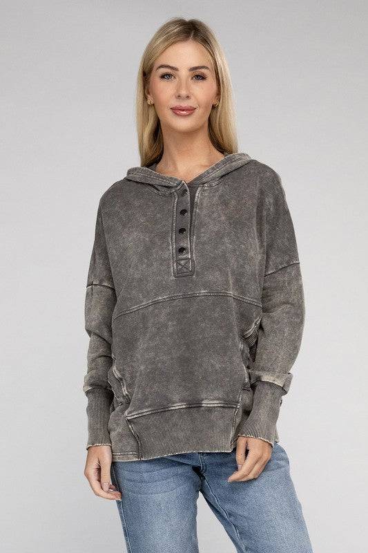 French Terry Acid Wash Kangaroo Pocket Hoodie ZENANA